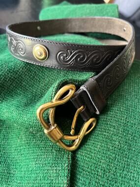 Vintage 90s Navy Leather Belt Brass Buckle Linea Pelle Size Large